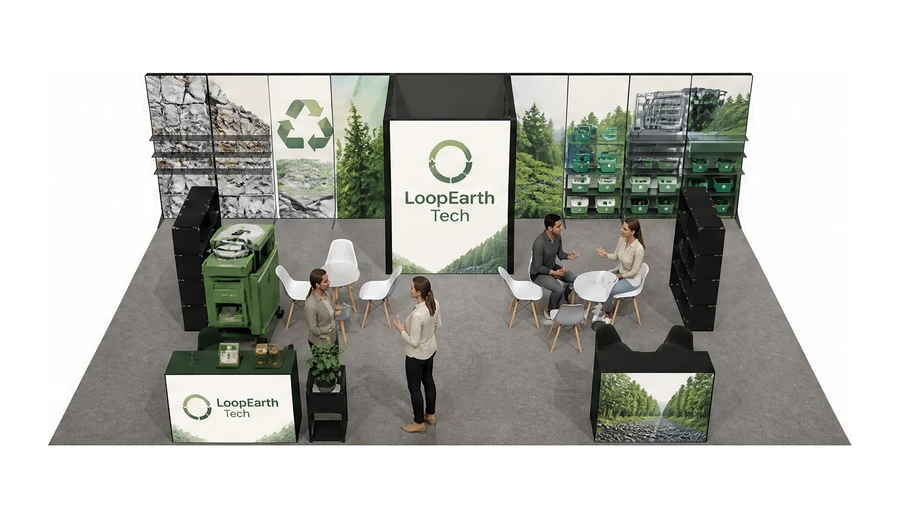 Stoisko 10 × 6 m półwyspowe dla branży recykling i ochrona środowiska, przykładowa marka LoopEarth Tech