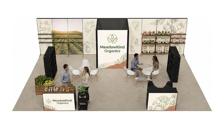 Stoisko 10 × 6 m półwyspowe dla branży żywność ekologiczna, przykładowa marka MeadowKind Organics