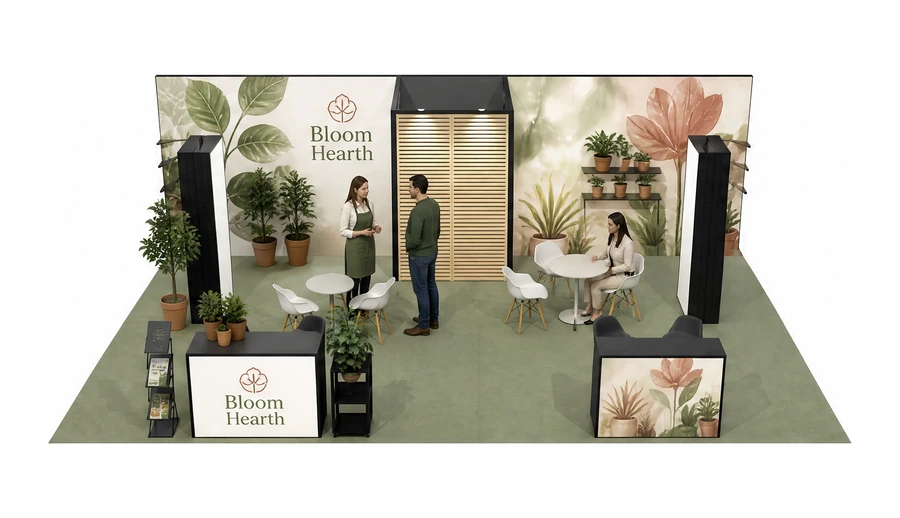 Stoisko 10 × 6 m półwyspowe dla branży rośliny i kwiaciarstwo, przykładowa marka Bloom Hearth