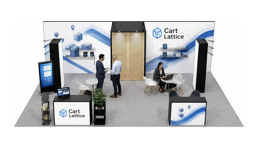 Stoisko 10 × 6 m półwyspowe dla branży e-commerce, przykładowa marka Cart Lattice