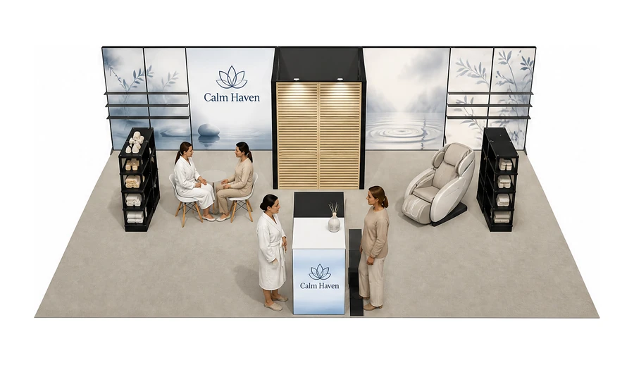 Stoisko 10 × 6 m półwyspowe dla branży spa i wellness, przykładowa marka Calm Haven