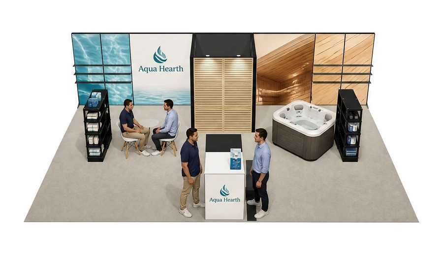 Stoisko 10 × 6 m półwyspowe dla branży baseny i sauny, przykładowa marka Aqua Hearth