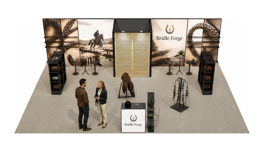 Stoisko 10 × 6 m półwyspowe dla branży jeździectwo, przykładowa marka Bridle Forge
