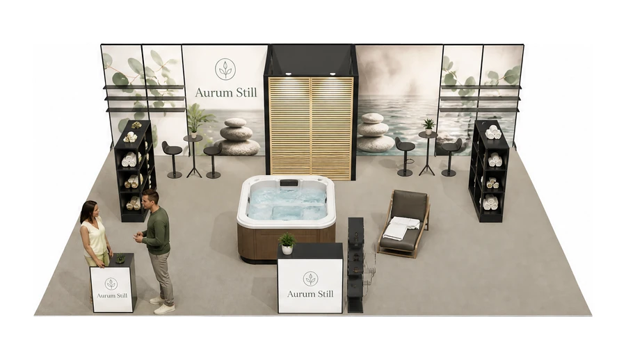 Stoisko 10 × 6 m półwyspowe dla branży spa i wellness, przykładowa marka Aurum Still