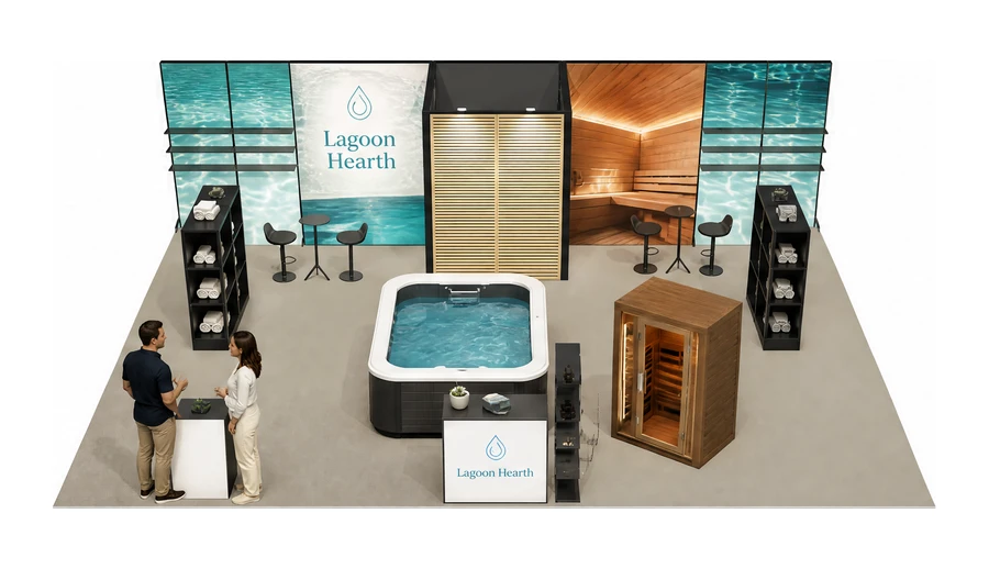 Stoisko 10 × 6 m półwyspowe dla branży baseny i sauny, przykładowa marka Lagoon Hearth
