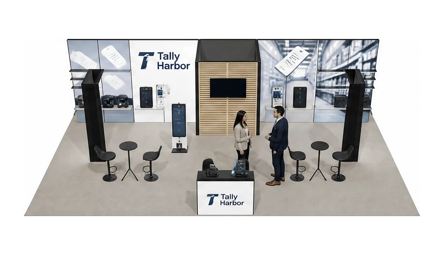 Stoisko 10 × 6 m półwyspowe dla branży technologie dla handlu, przykładowa marka Tally Harbor
