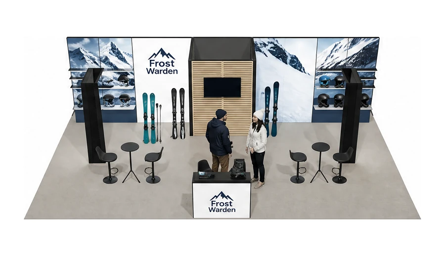 Stoisko 10 × 6 m półwyspowe dla branży narciarstwo i sporty zimowe, przykładowa marka Frost Warden