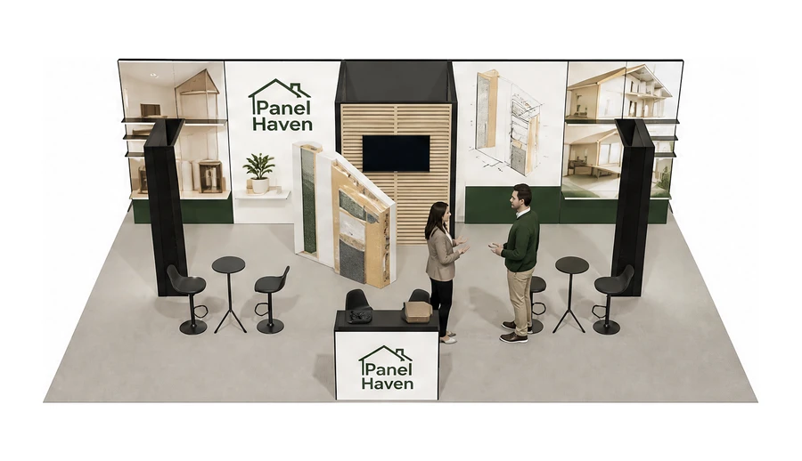 Stoisko 10 × 6 m półwyspowe dla branży domy modułowe i prefabrykacja, przykładowa marka Panel Haven