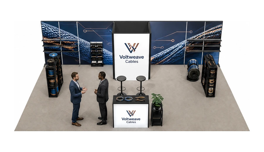 Stoisko 10 × 6 m półwyspowe dla branży kable i elektrotechnika, przykładowa marka Voltweave Cables