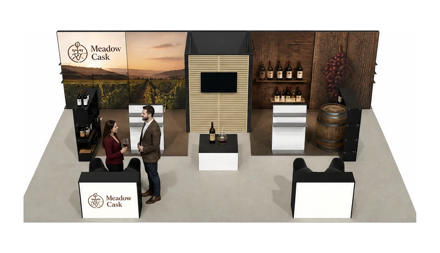Stoisko 10 × 6 m półwyspowe dla branży winnica, przykładowa marka Meadow Cask
