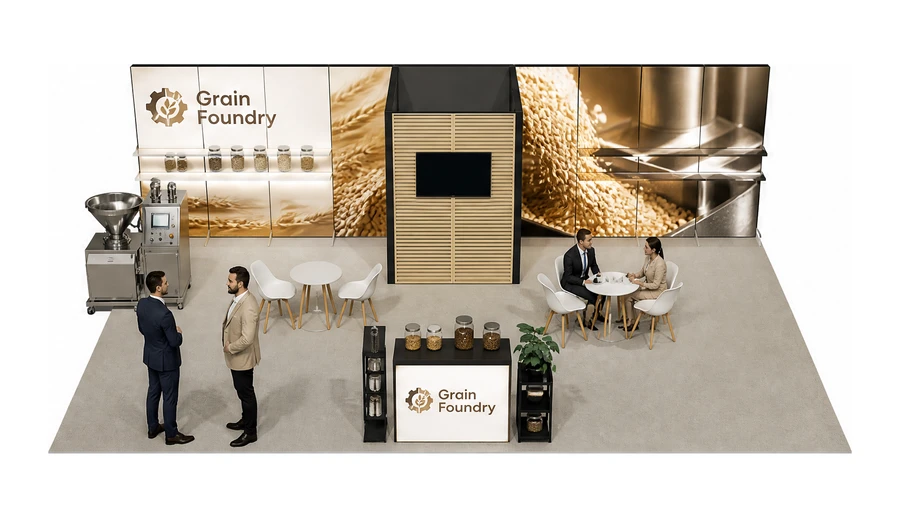 Stoisko 10 × 6 m półwyspowe dla branży technologie spożywcze, przykładowa marka Grain Foundry