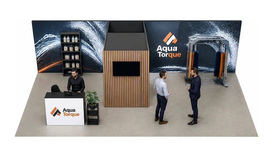 Stoisko 10 × 6 m półwyspowe dla branży myjnie i pielęgnacja aut, przykładowa marka Aqua Torque