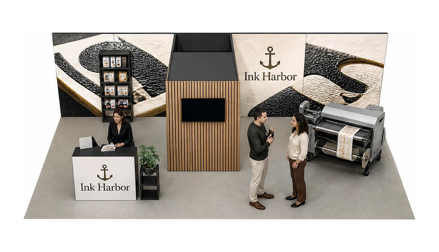Stoisko 10 × 6 m półwyspowe dla branży etykiety i poligrafia, przykładowa marka Ink Harbor