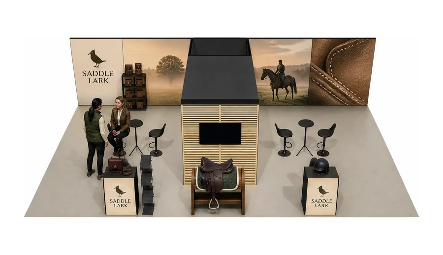 Stoisko 10 × 6 m półwyspowe dla branży jeździectwo, przykładowa marka Saddle Lark