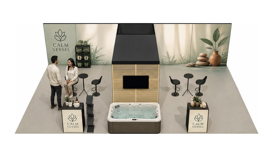 Stoisko 10 × 6 m półwyspowe dla branży spa i wellness, przykładowa marka Calm Vessel