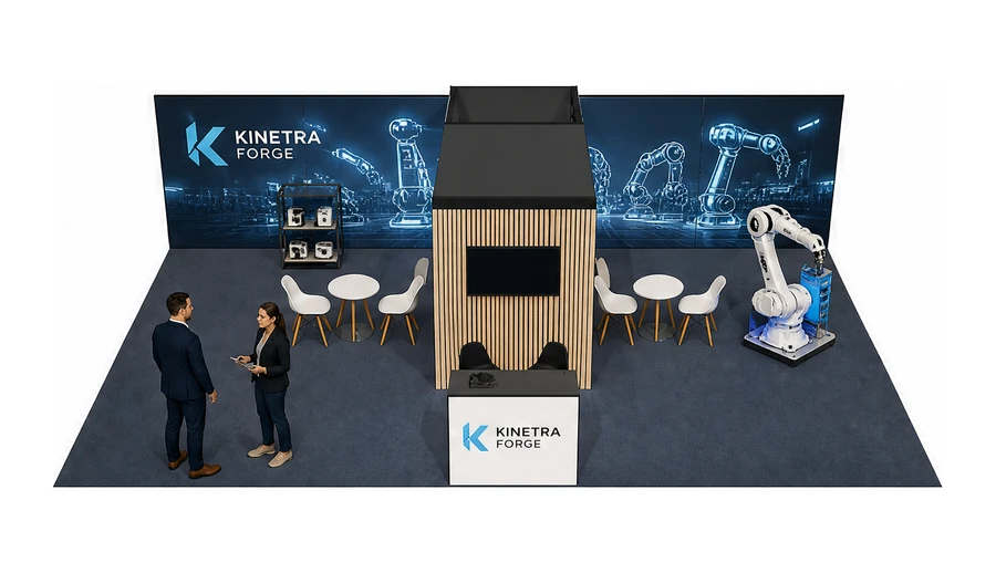 Stoisko 10 × 6 m półwyspowe dla branży automatyka przemysłowa, przykładowa marka Kinetra Forge