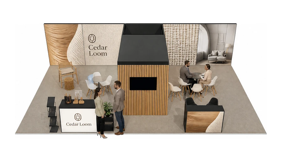 Stoisko 10 × 6 m półwyspowe dla branży meble designerskie, przykładowa marka Cedar Loom