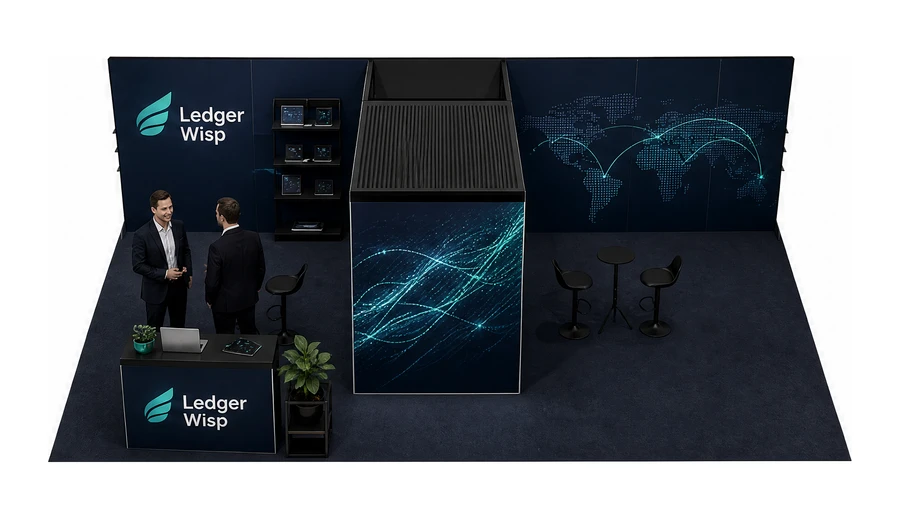 Stoisko 10 × 6 m półwyspowe dla branży płatności online, przykładowa marka Ledger Wisp