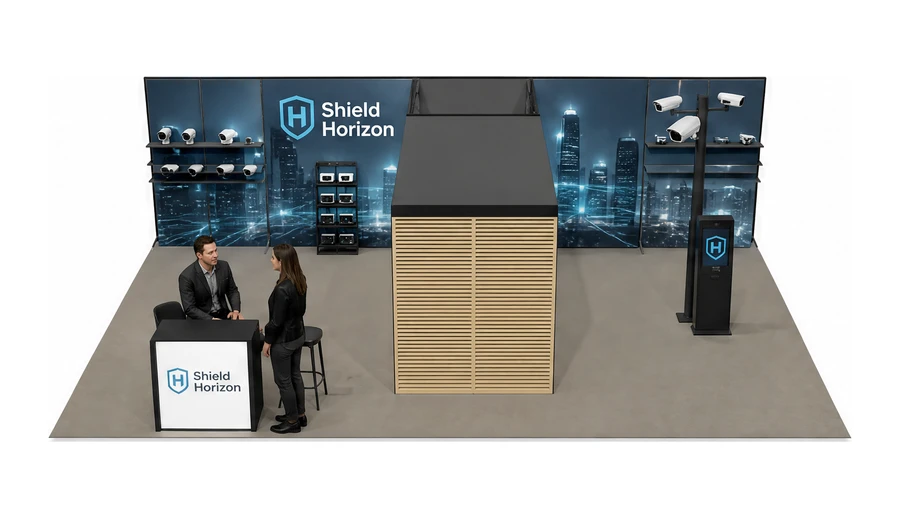 Stoisko 10 × 6 m półwyspowe dla branży systemy zabezpieczeń, przykładowa marka Shield Horizon