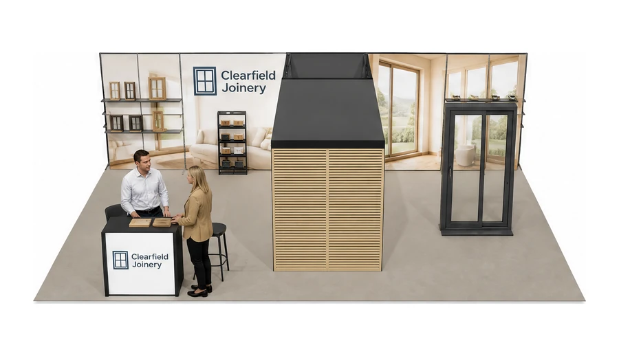 Stoisko 10 × 6 m półwyspowe dla branży okna i drzwi, przykładowa marka Clearfield Joinery