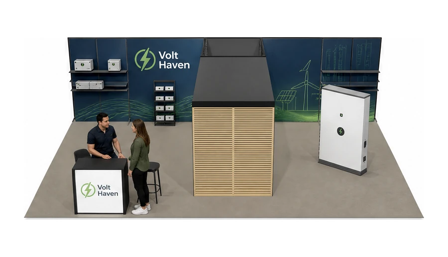 Stoisko 10 × 6 m półwyspowe dla branży magazyny energii, przykładowa marka Volt Haven