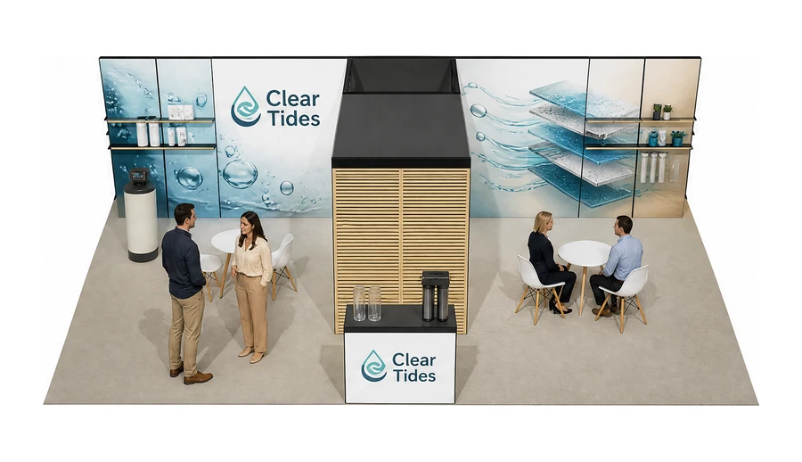 Stoisko 10 × 6 m półwyspowe dla branży technologie wodne, przykładowa marka Clear Tides