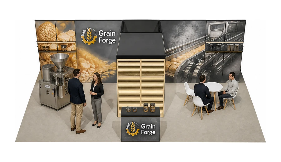 Stoisko 10 × 6 m półwyspowe dla branży technologie spożywcze, przykładowa marka Grain Forge