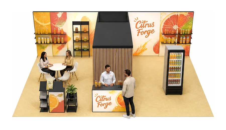 Stoisko 10 × 6 m półwyspowe dla branży napoje, przykładowa marka Citrus Forge