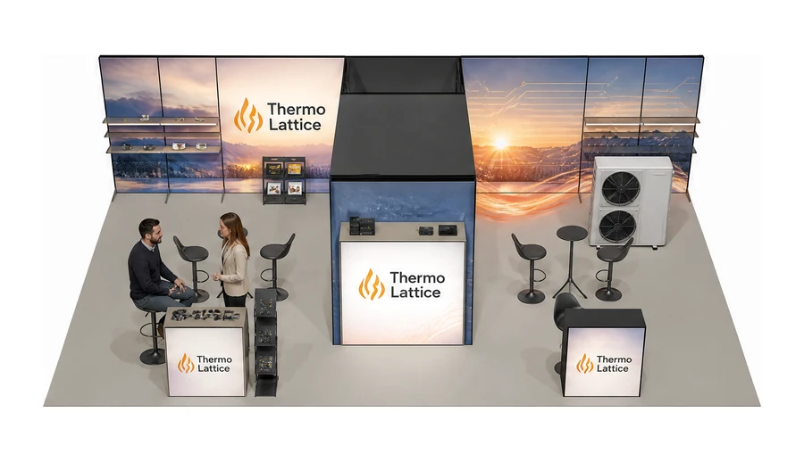 Stoisko 10 × 6 m półwyspowe dla branży pompy ciepła i ogrzewanie, przykładowa marka Thermo Lattice