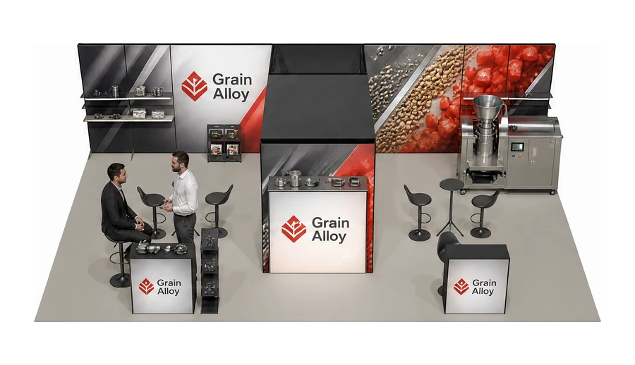 Stoisko 10 × 6 m półwyspowe dla branży technologie spożywcze, przykładowa marka Grain Alloy