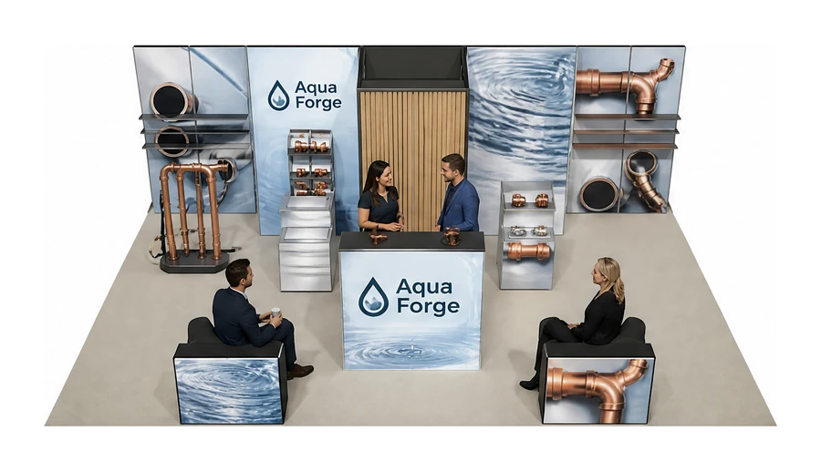 Stoisko 10 × 6 m półwyspowe dla branży instalacje wodno-kanalizacyjne, przykładowa marka Aqua Forge
