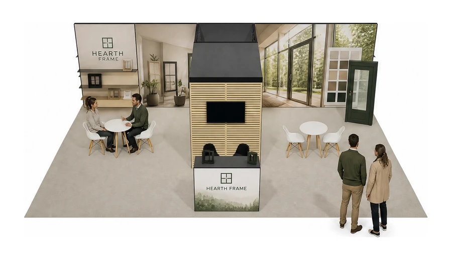 Stoisko 10 × 6 m półwyspowe dla branży okna i drzwi, przykładowa marka Hearth Frame