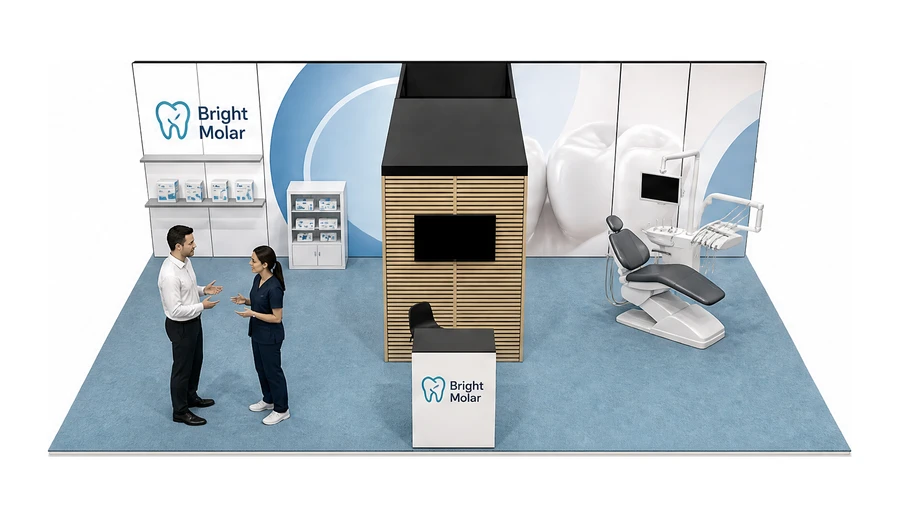 Stoisko 10 × 6 m półwyspowe dla branży stomatologia, przykładowa marka Bright Molar