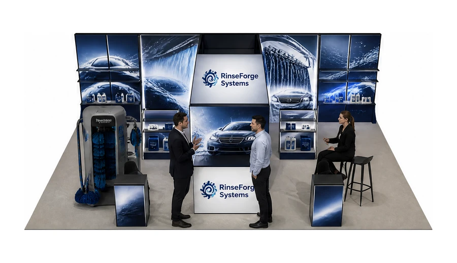 Stoisko 10 × 6 m półwyspowe dla branży myjnie i pielęgnacja aut, przykładowa marka RinseForge Systems