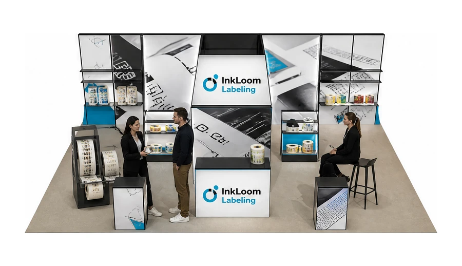 Stoisko 10 × 6 m półwyspowe dla branży etykiety i poligrafia, przykładowa marka InkLoom Labeling