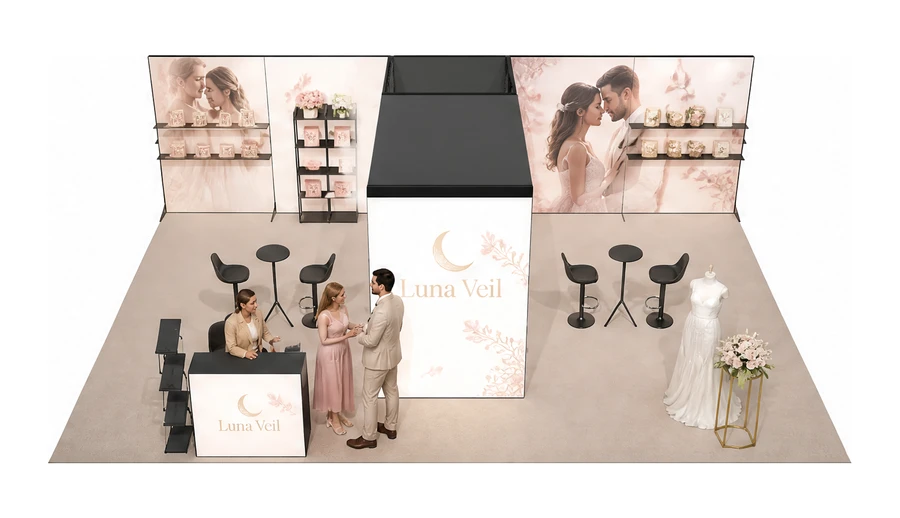 Stoisko 10 × 6 m półwyspowe dla branży branża ślubna, przykładowa marka Luna Veil