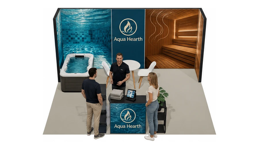 Stoisko 5 × 4 m półwyspowe dla branży baseny i sauny, przykładowa marka Aqua Hearth