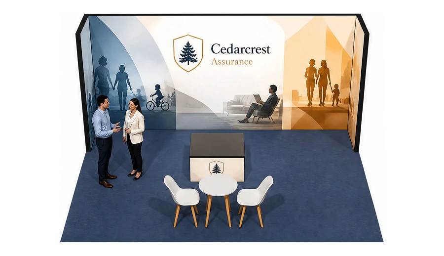 Stoisko 5 × 4 m półwyspowe dla branży ubezpieczenia, przykładowa marka Cedarcrest Assurance