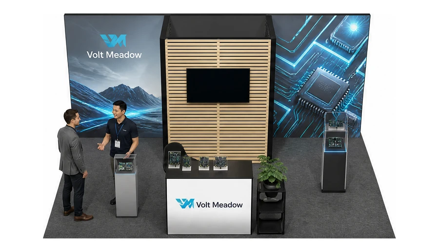 Stoisko 5 × 4 m półwyspowe dla branży komponenty elektroniczne, przykładowa marka Volt Meadow