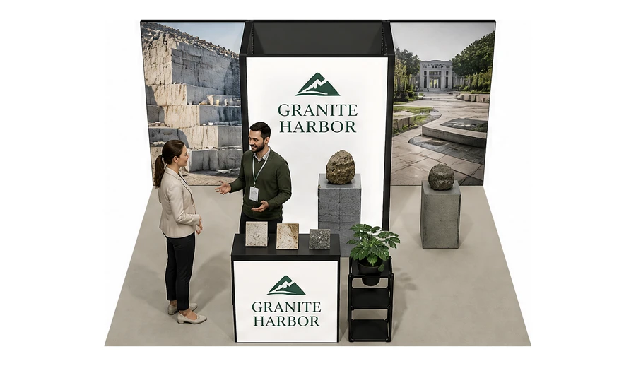 Stoisko 5 × 4 m półwyspowe dla branży kamień i kamieniarstwo, przykładowa marka Granite Harbor