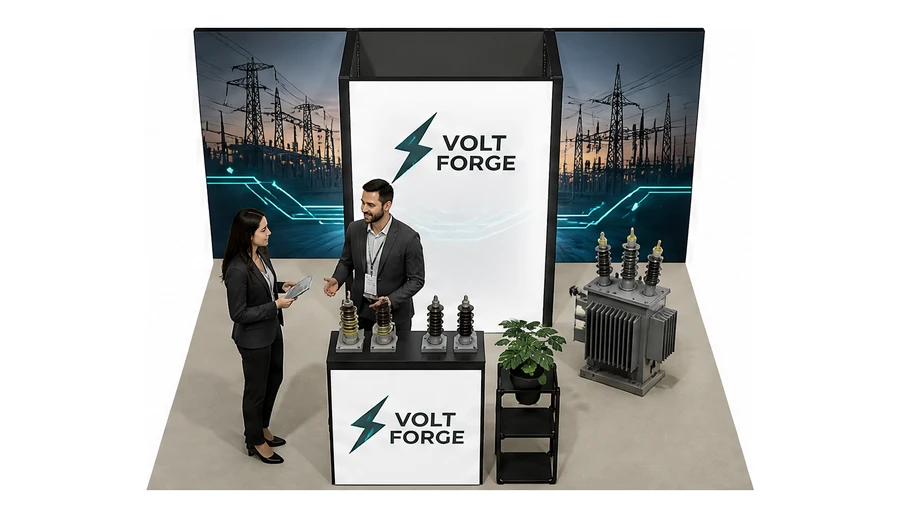 Stoisko 5 × 4 m półwyspowe dla branży energetyka i sieci, przykładowa marka Volt Forge