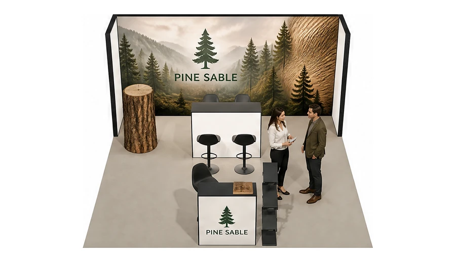 Stoisko 5 × 5 m półwyspowe dla branży leśnictwo i przemysł drzewny, przykładowa marka Pine Sable
