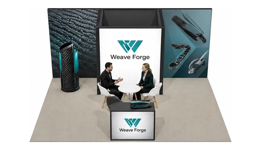 Stoisko 5 × 5 m półwyspowe dla branży materiały kompozytowe, przykładowa marka Weave Forge