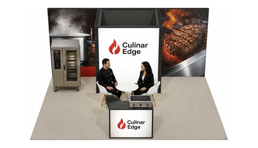 Stoisko 5 × 5 m półwyspowe dla branży wyposażenie gastronomii, przykładowa marka Culinar Edge