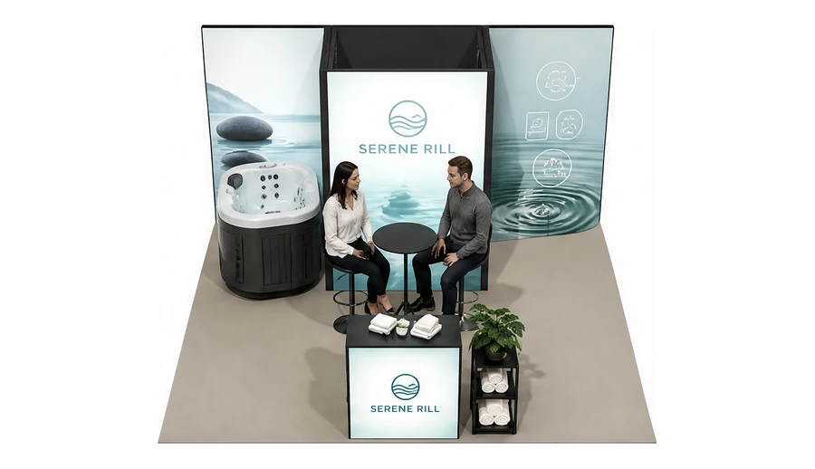 Stoisko 5 × 5 m półwyspowe dla branży spa i wellness, przykładowa marka Serene Rill