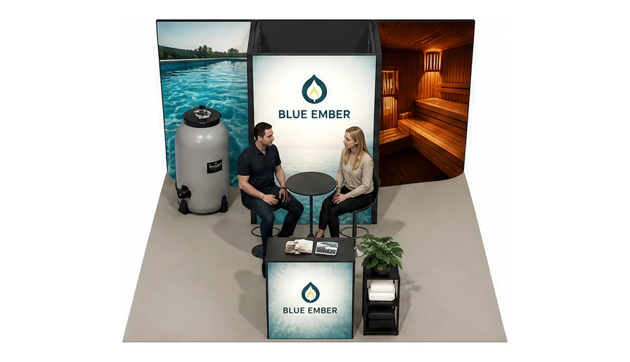 Stoisko 5 × 5 m półwyspowe dla branży baseny i sauny, przykładowa marka Blue Ember