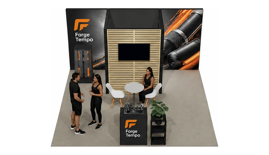 Stoisko 5 × 5 m półwyspowe dla branży fitness i siłownie, przykładowa marka Forge Tempo