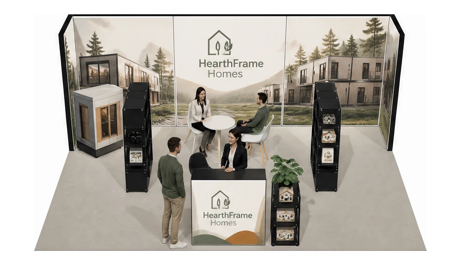Stoisko 6 × 4 m półwyspowe dla branży domy modułowe i prefabrykacja, przykładowa marka HearthFrame Homes