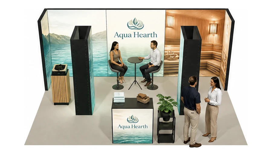 Stoisko 6 × 4 m półwyspowe dla branży baseny i sauny, przykładowa marka Aqua Hearth