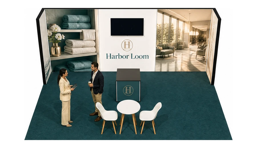 Stoisko 6 × 4 m półwyspowe dla branży wyposażenie hoteli, przykładowa marka Harbor Loom